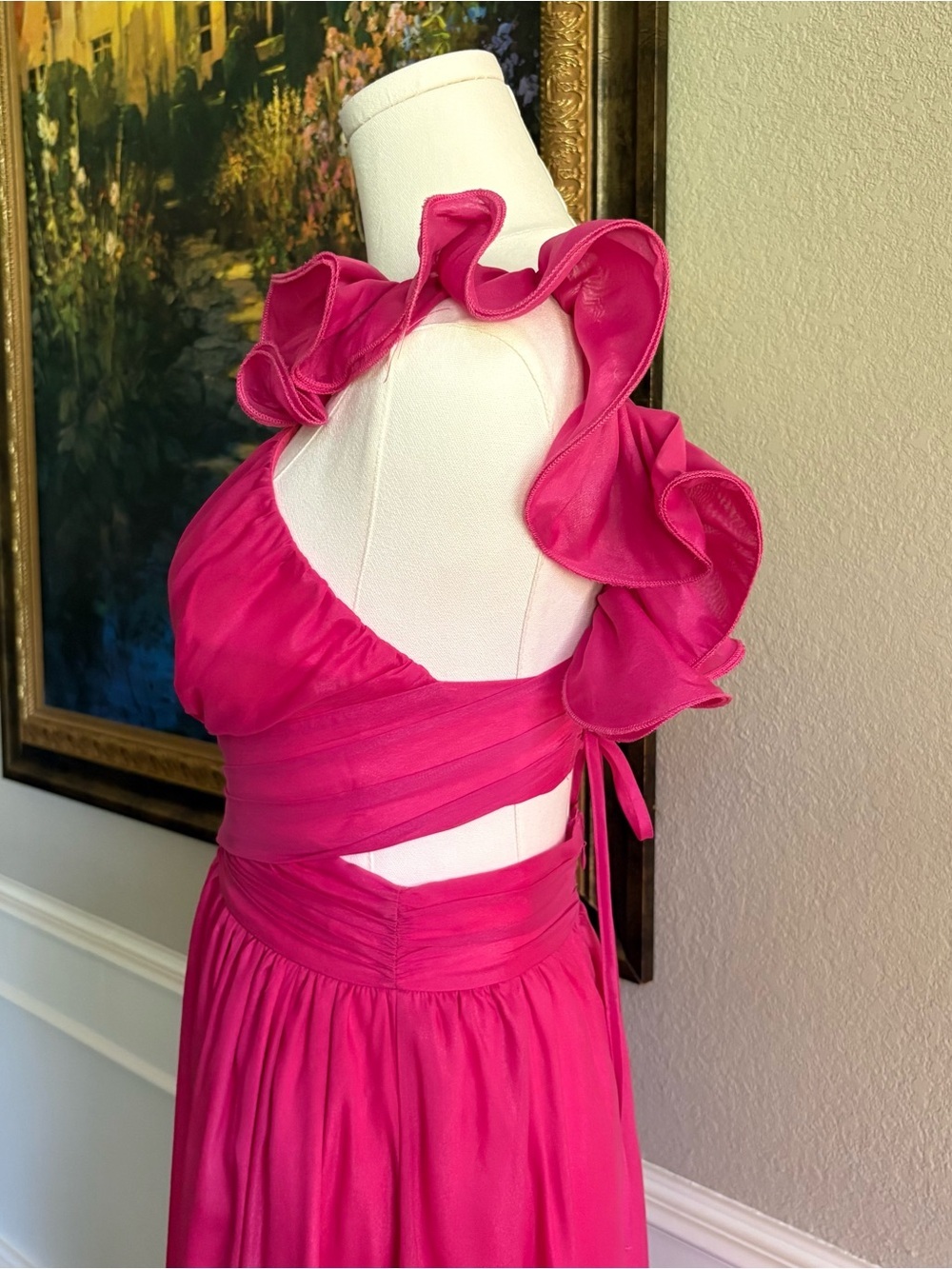Petal & Pup Flutter Strap Deep V Midi Dress in Hot Pink/Berry. Size small. - Picture 5 of 10